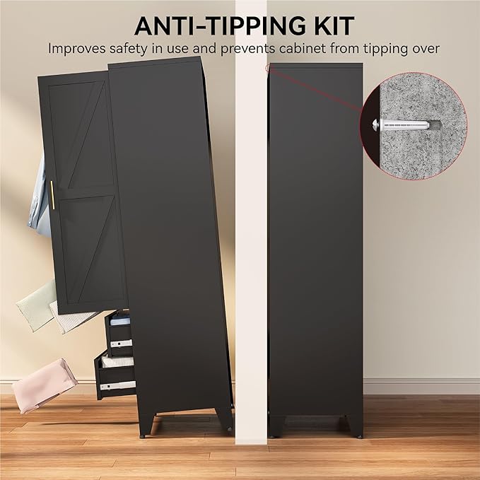 COFaR Black Metal Wardrobe Closet with 2 Drawers, 71" Steel Armoire Cabinet with Hanging Rod & Adjustable Shelf, Modern Freestanding Closet Organizer with Doors