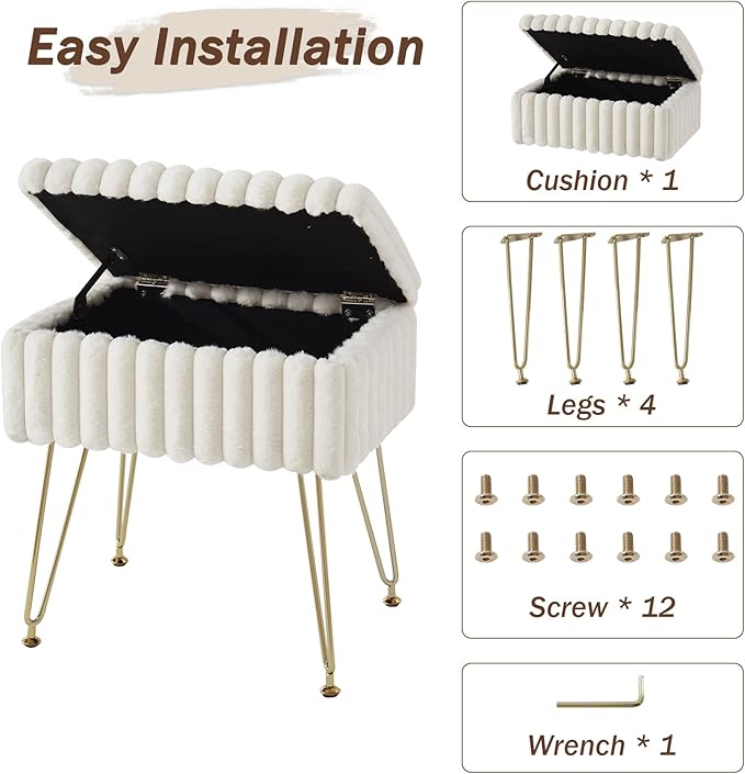 EBENCHICO Vanity Stool Chair with Storage, Faux Fur Stools for Vanity Makeup, Foot Stool Ottoman with 4 Metal Legs, Small Vanity Bench Seat Chairs for Living Room Bedroom