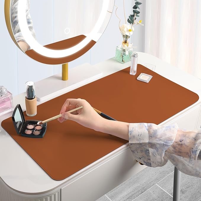 Makeup Mat for Vanity to Protect Desk Top 23.6 x 11.8 in, Dual-Sided Makeup Mat, Easy to Clean Desk Pad - Waterproof and Oilproof Vanity Accessories (Clay Brown and Dark Grey)