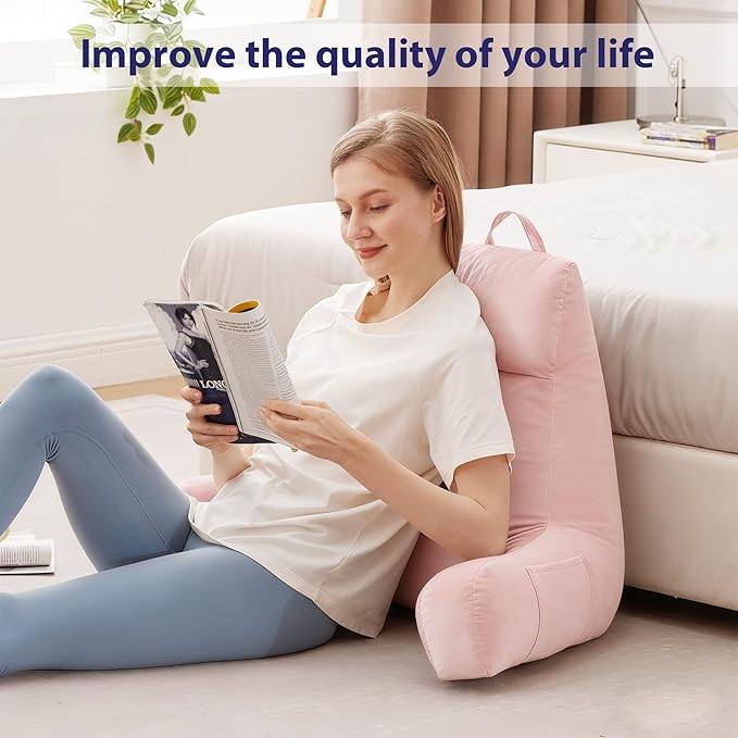 IPYNBAP Back Pillow for Bed Sitting up, Reading Pillow for Sitting in Bed Adult, Back Support Pillow, Memory Foam Sit up Lounge Backrest Pillow with Arms for TV, Couch, Chair, Dorm, 24 Inch, Pink