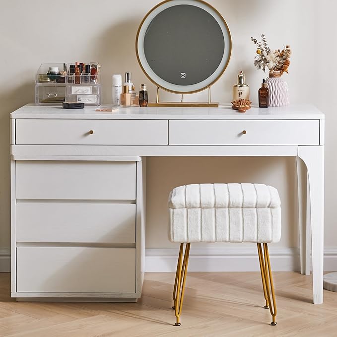 IBUYKE Vanity Chair with Storage Space, Footrest Ottoman, Small Side Table, Vanity Stool for Makeup Room, Bedroom, with Anti-Slip Feet, Faux Fur, White LG-50W