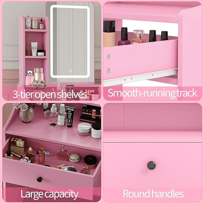 DUMOS Makeup Vanity Desk, Vanity Table Set with Mirror and Lights, Small Vanity with Storage Bench, Charging Station and Hair Dryer Holder, Dressing Table with Drawer and Three Shelves, Pink