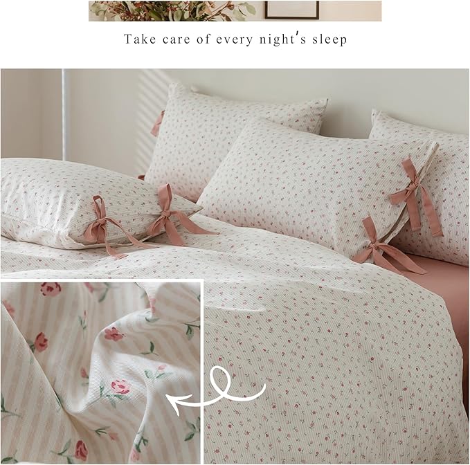 mixinni White Flower Pattern Duvet Cover Twin XL Pink Floral Stripes Duvet Cover Set 100% Cotton Bedding Set with Zipper Ties Bow Tie Pillowcases, Easy Care, Ultra Soft and Breathable-Twin XL Size