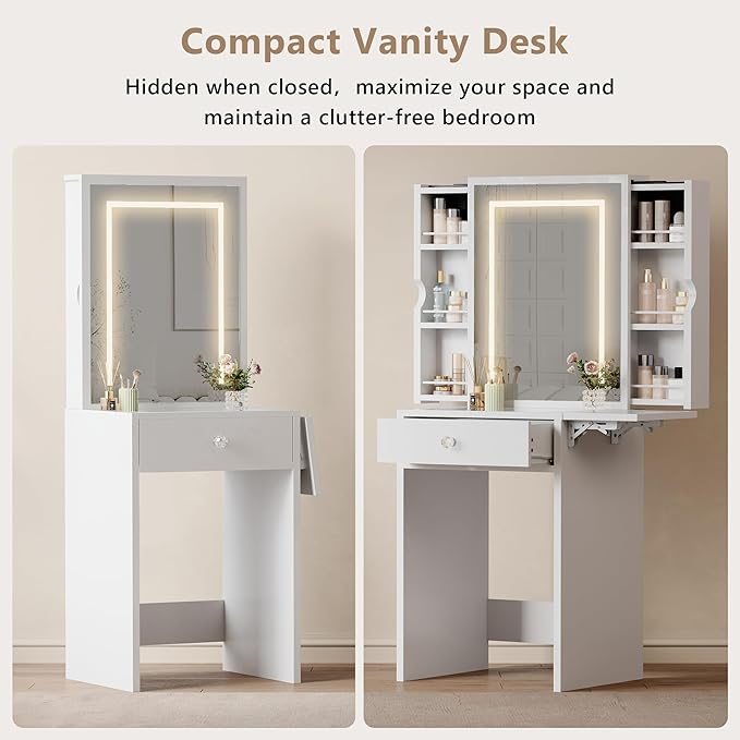 Einhomn Small Vanity Desk Set with Mirror and Lights, Glass Top Vanity with Storage, Compact Makeup Dressing Table with Stool and 2 Hidden Pull-Out Cabinets, for Bedroom, Saving Space, White