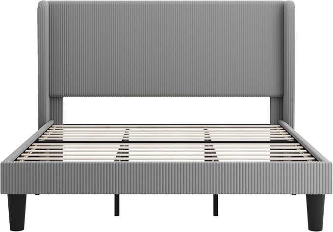 SHA CERLIN King Size Corduroy Upholstered Platform Bed Frame with Vertical Channel Tufted Wingback Headboard, 8" Under Bed Storage, Wooden Slats & Metal Frame Support, Easy Assembly, Light Grey