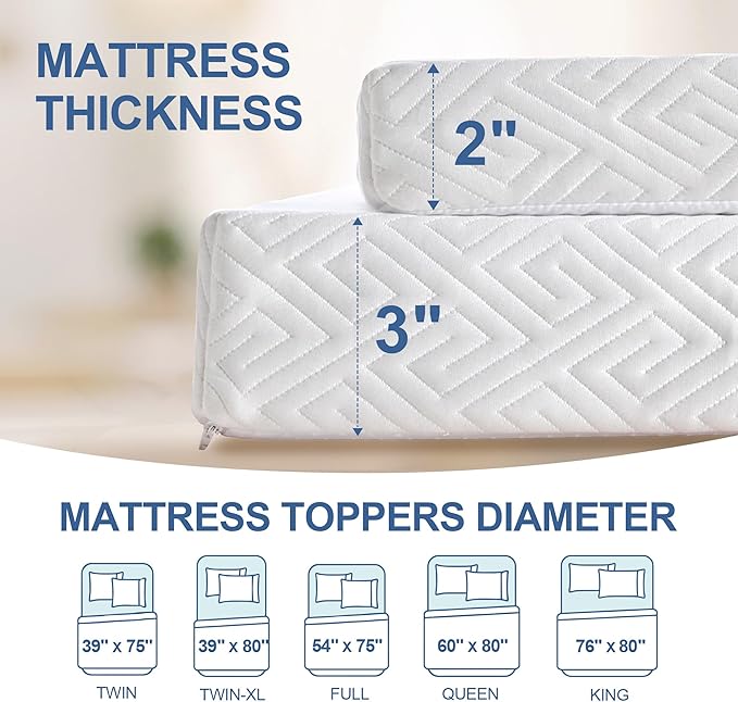 Eiayeebil 2 Inch Memory Foam Mattress Topper Twin XL, Memory Foam Pad with Removable & Washable Cover, Bed Topper for Back Pain, Non-Slip Ventilated Design, Twin XL Size