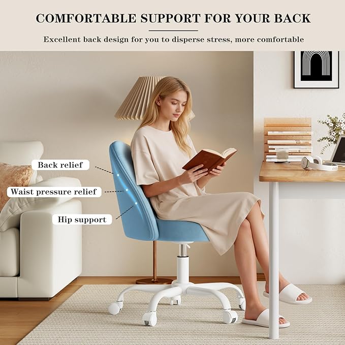 Velvet Vanity Chair with Wheels, Height Adjustable Swivel Makeup Chair, Armless Small Desk Chair for Bedroom/Office/Vanity Table, 250 lbs Capacity (Velvet, Blue)