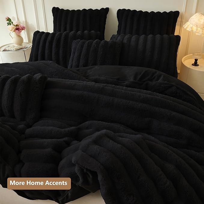 MEGO Soft Faux Rabbit Fur Body Pillow Cover 20"x54", Cozy Plush Fuzzy Striped Bed Pillowcase with Zipper, Shaggy Furry Ribbed Long Bolster Pillow Cover Decorative for Bed Couch Sofa Bedroom, Black