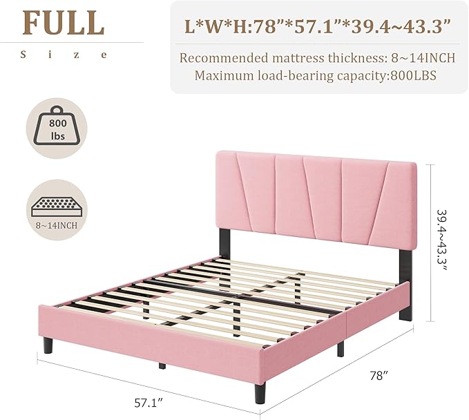 Full Size Upholstered Platform Bed Frame with Adjustable Headboard for kids Girls, Fits 8-14 Inch Mattress, Heavy Duty Bed Frame with Wooden Slats Support, Noise-Free, Non-slip, No Box Spring Needed