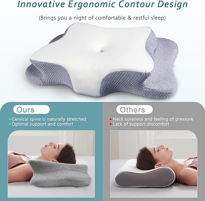 CHxxy Cervical Neck Pillow for Pain Relief Sleeping, Memory Foam Pillows, Ergonomic Side Sleeper Pillows, Cooling Orthopedic Neck Support Pillow for Back Stomach Sleepers-Queen Size White&Grey