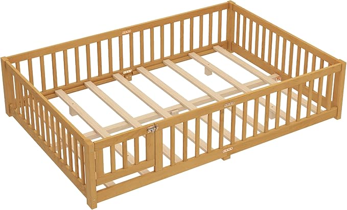 Bellemave Queen Floor Bed with Slats and Door, Queen Size Montessori Floor Bed with Fence and Door, Easy Assemble Montessori Beds Frame for Girls, Boys, Natural