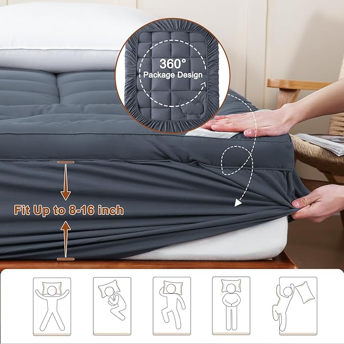 YOUR MOON 100% Wool Mattress Topper Twin Size, 800GSM Wool Filling, Thick Pillow Top Mattress Pad, Back Pain Relief Bed Topper with Cotton Cover, 16" Deep Pocket, 39"x75" (Gray)