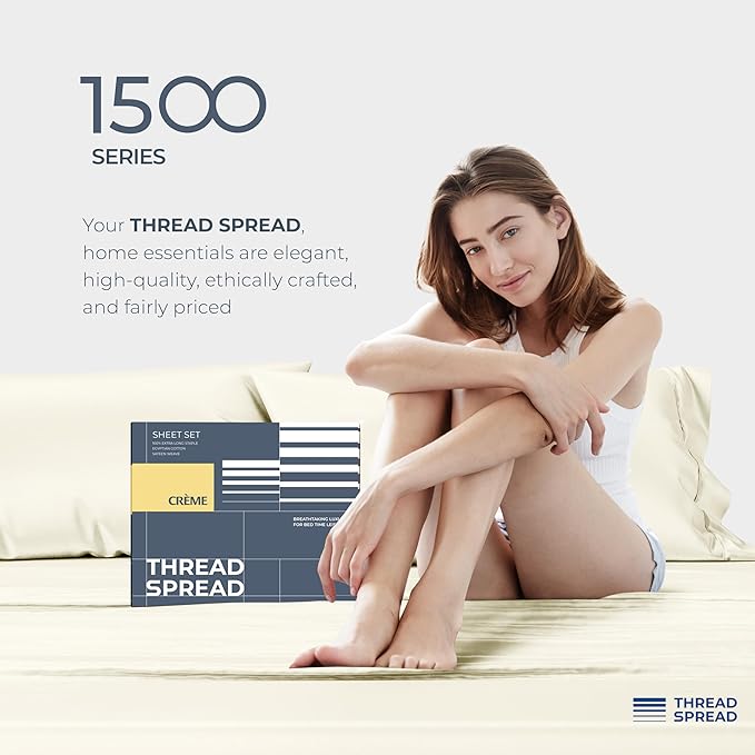 THREAD SPREAD 100% Egyptian Cotton Sheets California King Size - 1500 Series Cal King Sheets Egyptian Cotton (4 PC, Ivory), Silky Soft, Sateen Weave, Cooling & Breathable, 17" Deep Pocket Bed Set