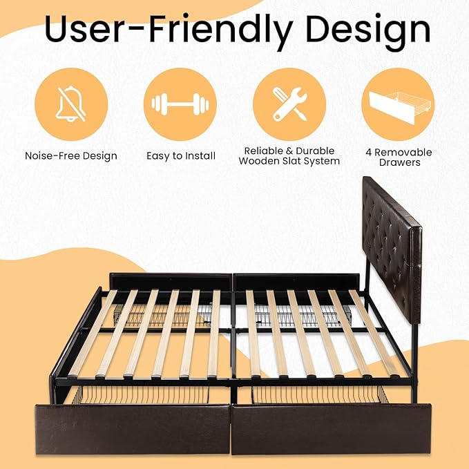 SHA CERLIN Upholstered Queen Size Platform Bed Frame with 4 Storage Drawers, Adjustable Headboard with Diamond Stitched Button Tufted Design, Wooden Slat Support, No Box Spring Needed, Black Brown