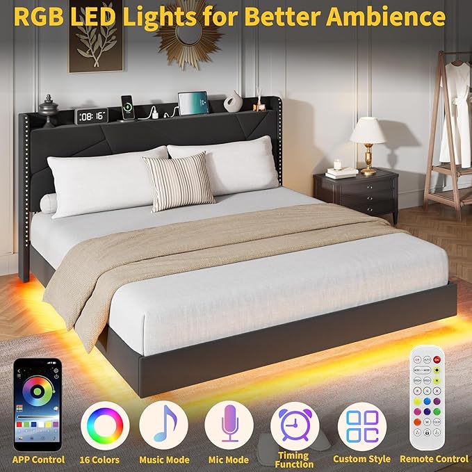 Garvee Full Size Floating Bed Frame with RGB LED Lights and Charging Station, Upholstered Platform Bed with Storage Headboard and Button Tufted Design, No Box Spring Needed, Black