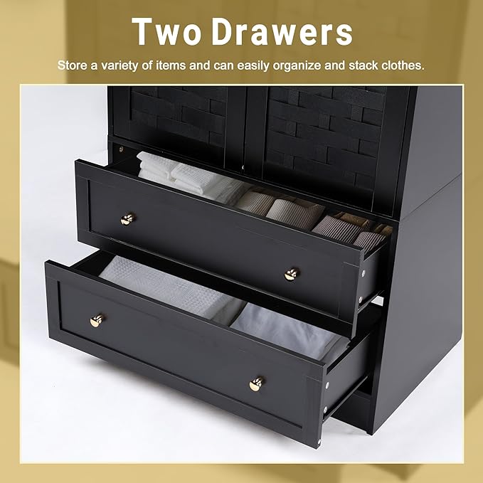 LEVNARY Armoire Wardrobe Closet with 2 Woven Doors, Wardrobe Cabinet with 2 Storage Drawers and Hanging Rail, Freestanding Wooden Closet for Bedroom (Black)