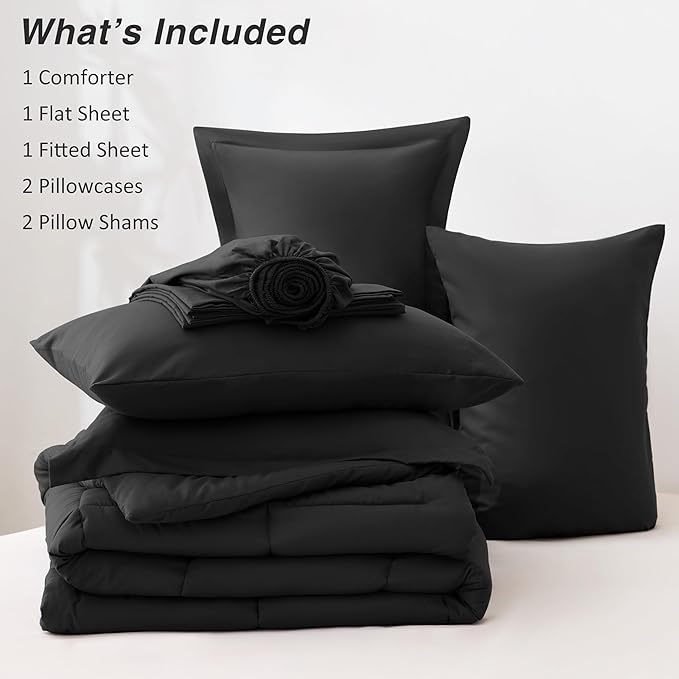 Love's cabin Queen Comforter Set Ash Black, 7 Pieces Queen Bed in a Bag, All Season Bedding Sets with 1 Comforter, 1 Flat Sheet, 1 Fitted Sheet, 2 Pillowcase and 2 Pillow Sham | Soft, Breathable, Lightweight, Comfortable