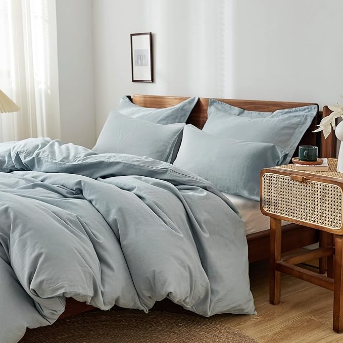 Simple&Opulence 100% Washed Linen Duvet Cover Set 5pcs(1 Duvet Cover& 2 Shams& 2 Pillowcases) Basic Style Natural French Flax Soft Breathable Farmhouse Bedding (King, Dusty Blue)