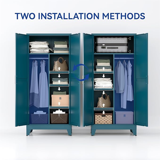 COFaR 71'' Tall Wardrobe Closet with Doors, Metal Bedroom Armoire with Adjustable Hanging Rod and Shelves, Farmhouse Broom Closet Storage Cabinet for Garage Laundry Office, Peacock Blue