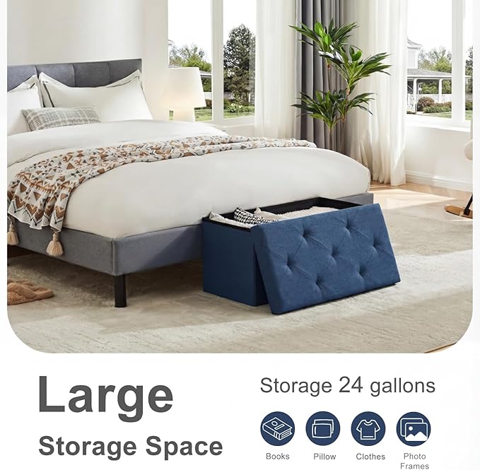 DUMOS 30in Storage Ottoman Bench, Ottoman Bench Foot Rest Stool with Padded Seat, Large End of Bed Bench for Bedroom, Living Room, Entryway, Support 660lbs, Blue