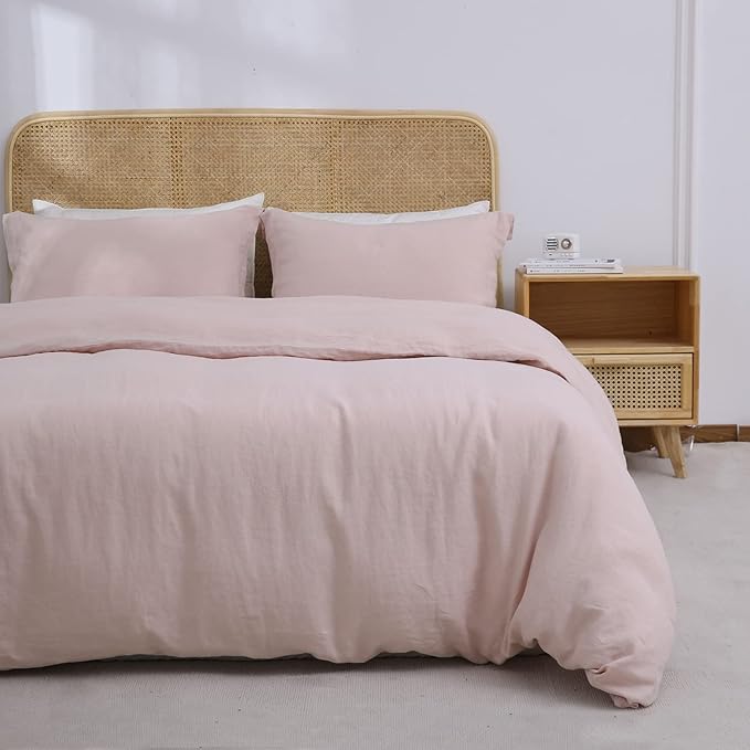Simple&Opulence 100% Linen Duvet Cover Set 3pcs Basic Style Natural French Washed Flax Solid Color Soft Breathable Farmhouse Bedding with Button Closure - Blush Pink, Queen