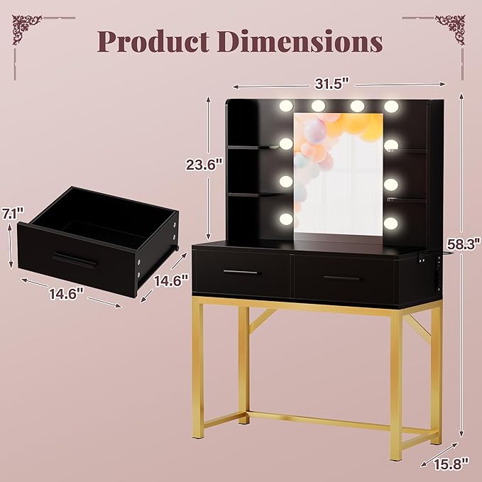 Furmax Vanity Desk with Mirror and LED Light Bulb, Small Makeup Vanity Table with Drawers, Dressing Table with Power Outlet and Hair Drayer Holder for Bedroom (Black & Gold)
