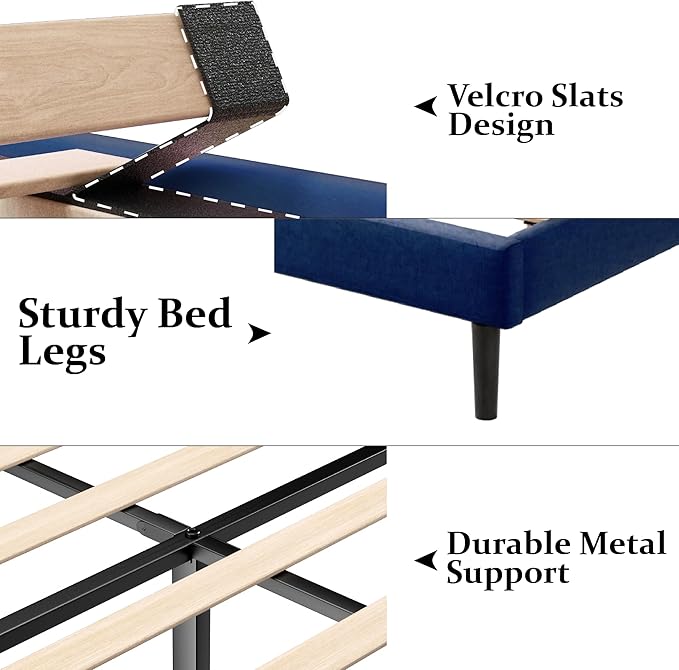 Gruwans Full Size Bed Frame with Upholstered Wingback Headboard, Easy Assemnly Platform Bed, Wooden Slat Support No Box Spring Needed, Navy Blue