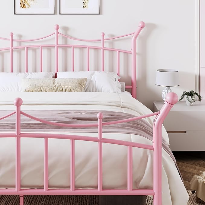 Allewie 14 Inches Full Size Metal Platform Bed Frame with Elegant Crown Iron-Art Headboard & Footboard, Sturdy Mattress Foundation with Under-Bed Storage, Easy Assembly, No Box Spring Needed, Pink