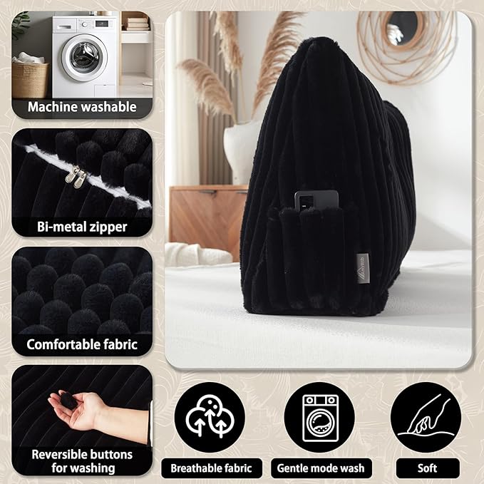 Headboard Pillow + A Long Neck Roll Pillow Body Pillow,Faux Fur Headboard Wedge Pillow with Removable Cover (Black, Full:54x8x20 inches)