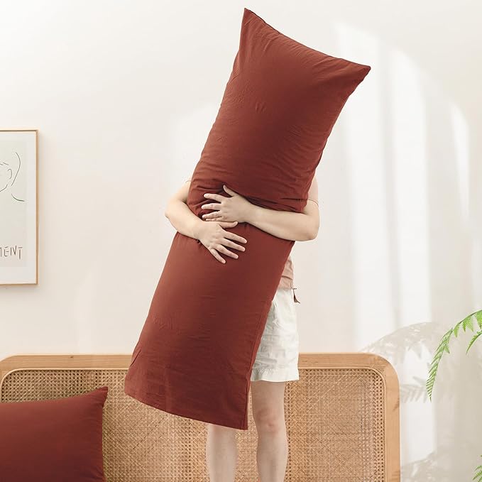 BESTOUCH 100% Washed Cotton Pillowcase for Hair and Skin Linen Feel Soft Comfortable Breathable 1 Pcs Pillow Case with Envelope Closure Solid Crimson Red Body 20x54 Inches