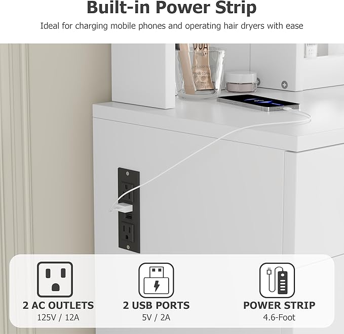 GarveeHome Makeup Vanity Desk with Mirror and Lights, Vanity Table Set with Drawer & Power Outlet & Chair & 3 Shelves, Bedroom, White