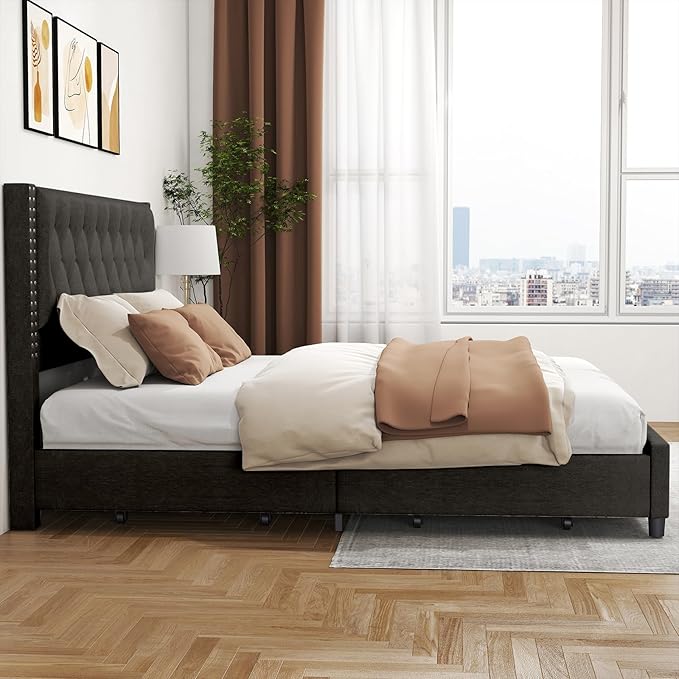 EVLIQUIL Bed Frame King Size with 4 Storage Drawers, Upholstered Headboard & Frame, Sturdy Metal Frame & Wood Slats, Platform Bed Frame No Box Spring Needed, Easy Assembly, Black