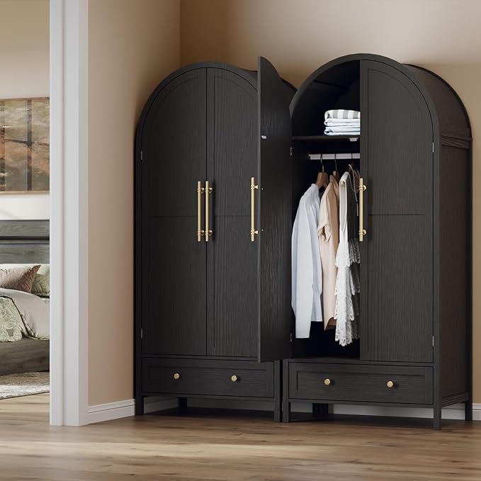 VINGLI Arched Wardrobe Closet Armoire with Doors and Drawer, 70" Tall Wooden Wardrobe Cabinet,Clothing Storage Cabinet, Large Capacity Storage, Black
