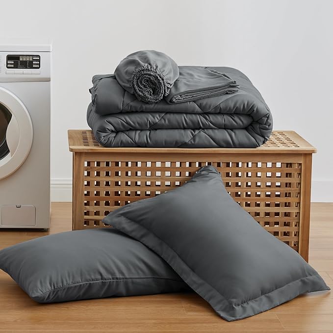 Love's cabin Twin XL Comforter Set Dark Grey, 5 Pieces Twin XL Bed in a Bag, All Season Bedding Sets with 1 Comforter, 1 Flat Sheet, 1 Fitted Sheet, 1 Pillowcase and 1 Pillow Sham | Soft, Breathable, Lightweight, Comfortable
