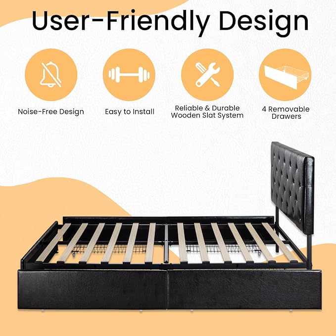 SHA CERLIN Upholstered Full Platform Storage Bed Frame with 4 Drawers, Adjustable Headboard with Faux Leather Diamond Button Tufted Design, Wooden Slat Support, No Box Spring Needed, Black