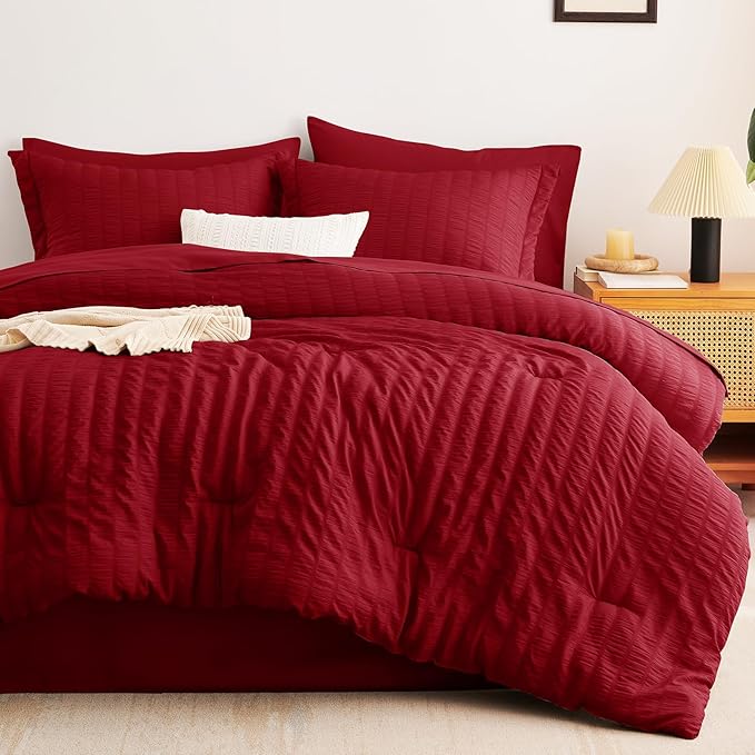 CozyLux Twin Comforter Set with Sheets 5 Pieces, Dark Red Seersucker Textured Bed in a Bag for Bedroom, Luxury Soft Bedding Sets with Down Alternative Comforter, Sheets, Pillowcase & Sham All Seasons