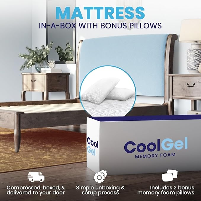 COOL GEL Chill Memory Foam 14-Inch Mattress with Pillow, CertiPUR-US Certified, Mattress in a Box, Twin XL, White