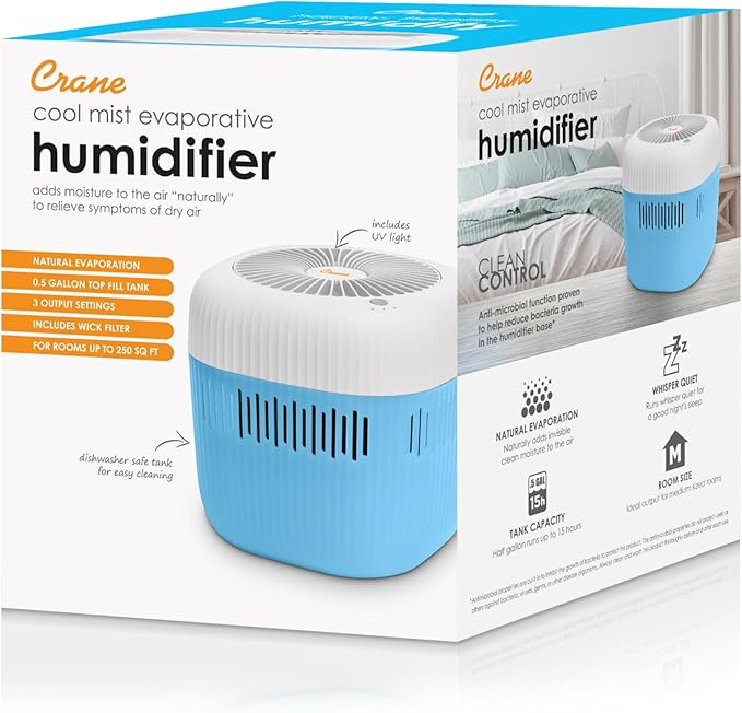 Crane Evaporative Humidifier, Wick Filter, Dishwasher Safe Tank, UV Light, No White Dust, Whisper Quiet, Bedroom Nursery Office, 1.9L Tank, Up To 250 SQ FT