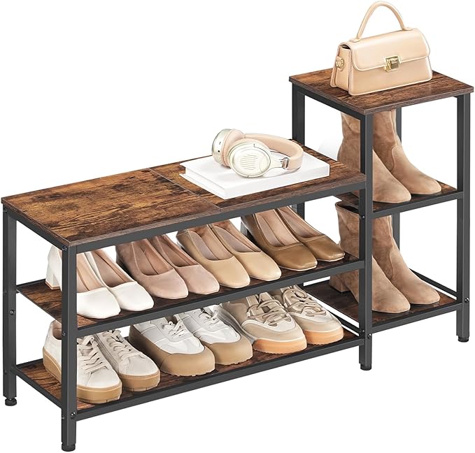 YATINEY 3-Tier Shoe Rack Bench, Wooden Shoe Storage Bench, Industrial Entryway Bench with Storage, Multi-Functional Shoe Rack with Seat for Bedroom, Hallway, Living Room, Rustic Brown and Black HX05BR