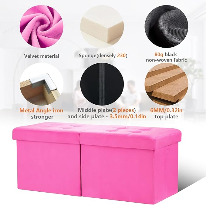 AmasSmile® Storage Ottoman Foot Rest Stool, 34 inch Velvet Footstool Bench, Short Ottoman Stool, Small Folding Storage Ottoman Store Books, Records, Rose