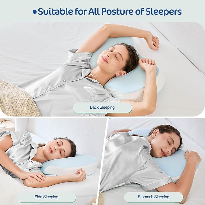 JOYENERGY Ergonomic Cervical Pillow, Contour Design for Side & Back Sleepers, Memory Foam Orthopedic Cervical Shape Gently Cradles Head & Provides Neck Support & Shoulder Pain Relief (Blue)