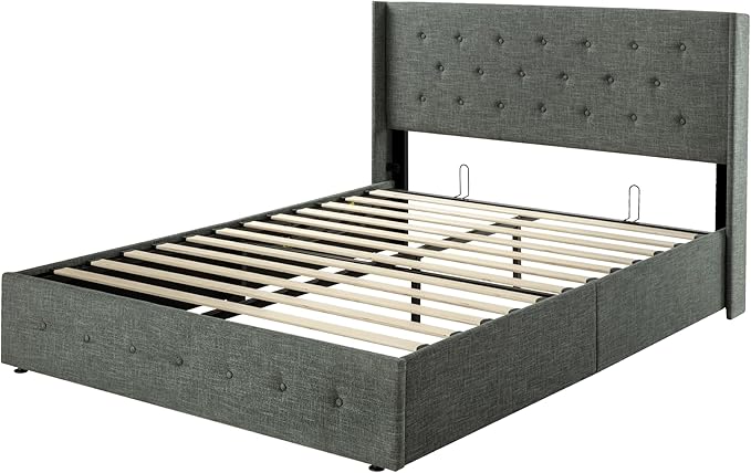 SHA CERLIN Queen Size Lift Up Storage Bed Frame,Button Tufted Wingback Headboard,Upholstered Platform,Hydraulic Storage,Wooden Slat Support,No Box Spring,Dark Grey