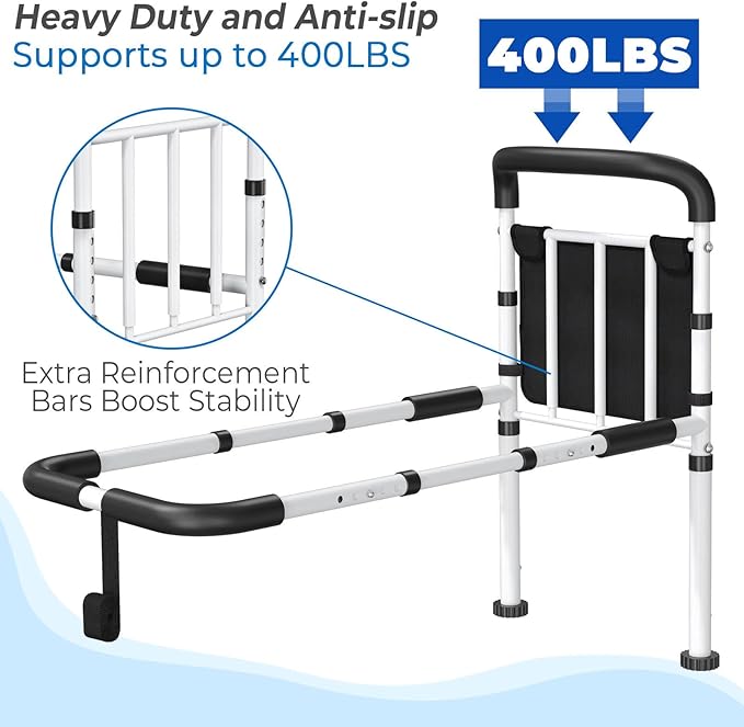 Bed Rails for Elderly Adults Safety - ASTM Approved Adjustable Bed Cane with Non-Slip Ergonomic Handle & Storage Pocket, 400 LBS Stable Bed Assist Rails for Seniors, Tool-Free, Model