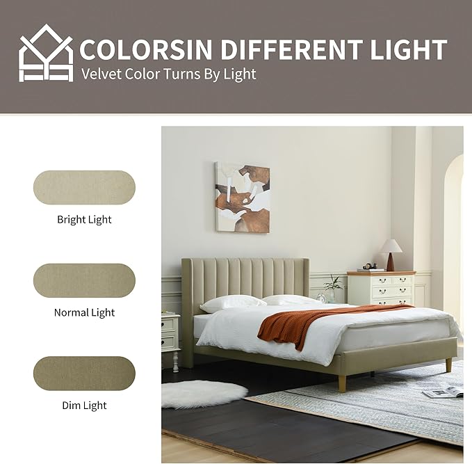 YUHUASHI upholstered Platform Bed Frame/Queen Bed Frame/Modern Geometric Double-Wing Design headboard/Linen Fabric/Easy to Assemble no Noise (Beige, Queen (U.S. Standard))