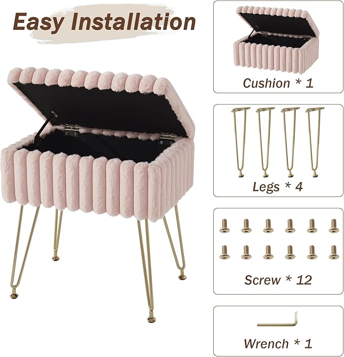 EBENCHICO Vanity Stool Chair with Storage, Faux Fur Stools for Vanity Makeup, Foot Stool Ottoman with 4 Metal Legs, Small Vanity Bench Seat Chairs for Living Room Bedroom