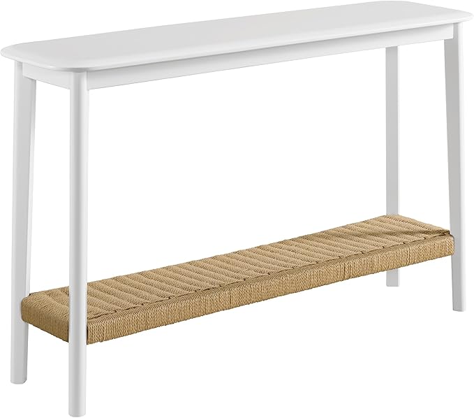 Alaterre Furniture Calais 48 Inch Wooden Console Table with Woven Storage Shelf – Mid Century Modern 2-Tier Entryway or Sofa Table for Living Room, Hallway, or Foyer (White)