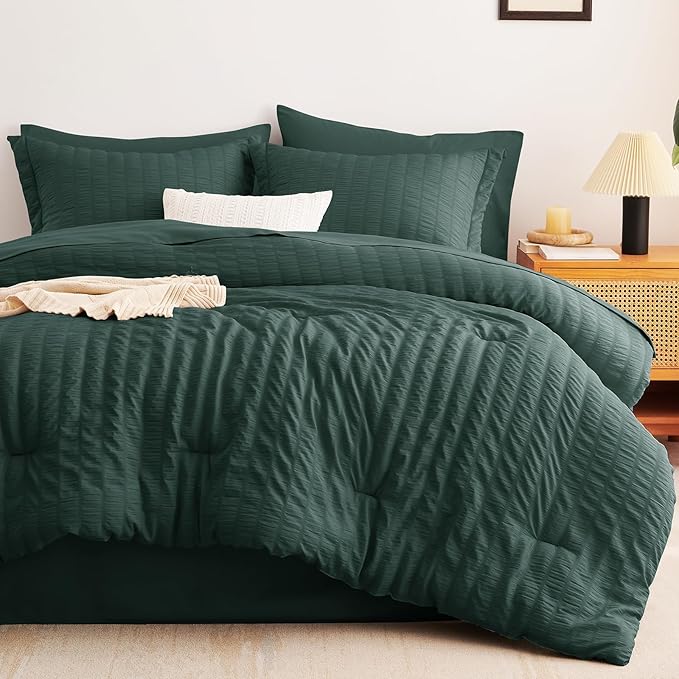 CozyLux Twin Comforter Set with Sheets 5 Pieces, Forest Green Seersucker Textured Bed in a Bag, Luxury Soft Bedding Sets with Down Alternative Comforter, Sheets, Pillowcase & Sham for All Seasons