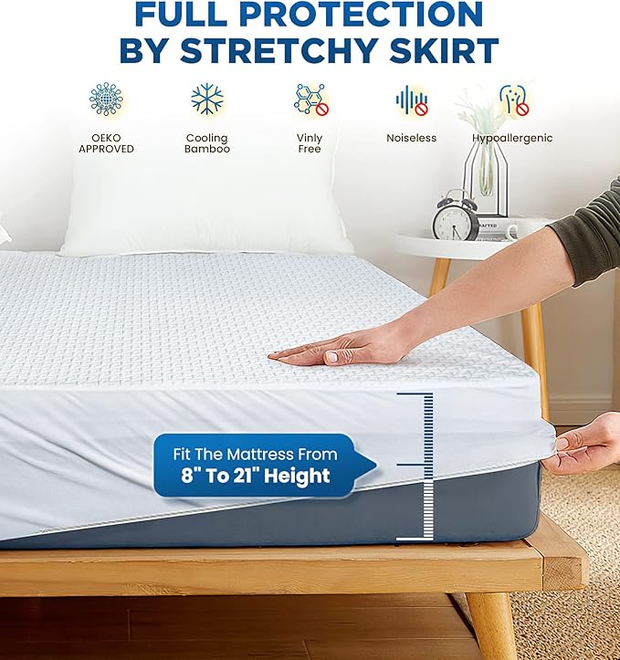 100% Waterproof Queen Mattress Protector Breathable Cooling 3D Air Fabric Mattress Cover Smooth Soft Hypoallergenic Noiseless Bed Cover Machine Washable Vinyl Free, 8-21'' Deep Pocket