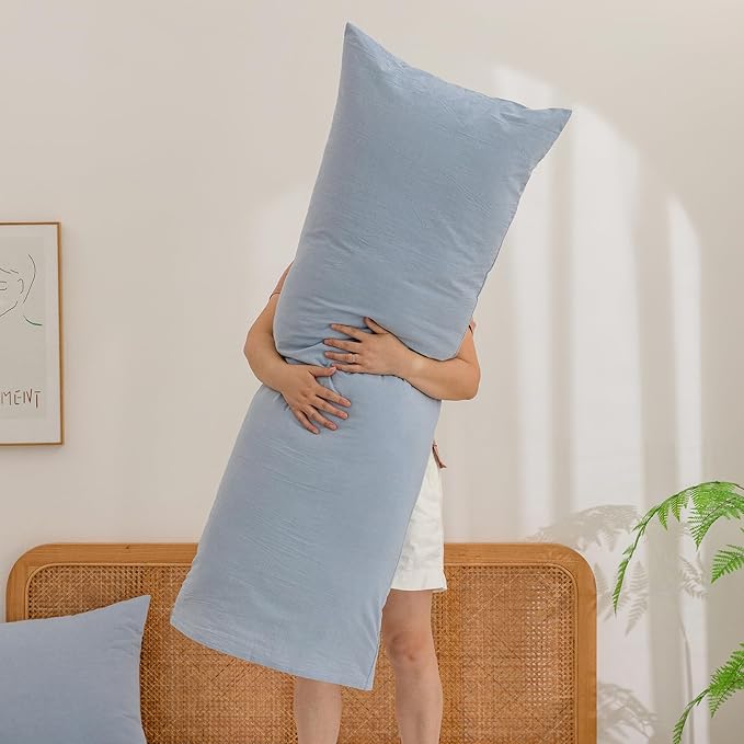 BESTOUCH 100% Washed Cotton Pillowcase for Hair and Skin Linen Feel Soft Comfortable Breathable 1 Pcs Pillow Case with Envelope Closure Solid Cornflower Blue Body 20x54 Inches