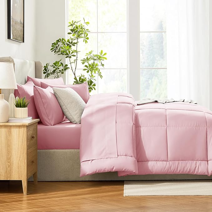 CozyLux Queen Comforter Set Pink, 7 Pieces Bed in a Bag, Pink Comforters Queen Size, All Season Bedding Sets with Stitch Quilted Comforter, Flat Sheet, Fitted Sheet, Pillowcases